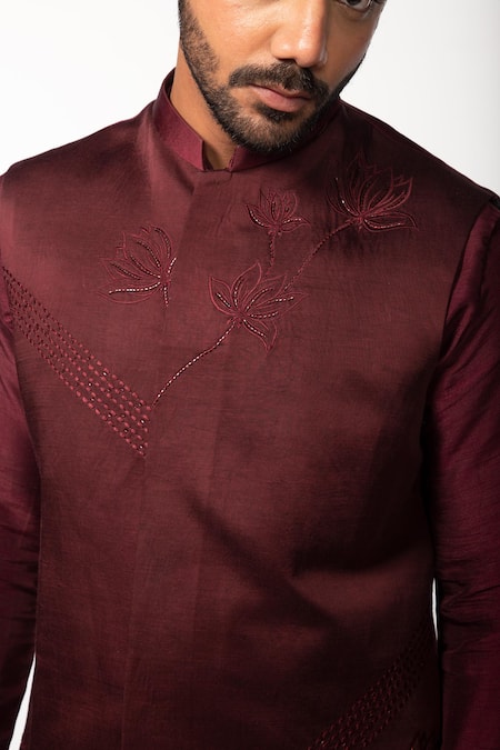 Kaka Calcutta Wine Linen, , Silk, Cotton Embroidery, Cut Lotus Bundi And Kurta Set at Aza Fashions Kaka Calcutta_Wine Linen, , Silk, Cotton Embroidery, Cut Lotus Bundi And Kurta Set _at_Aza_Fashions