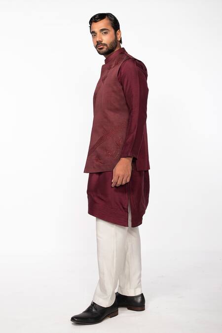 Kaka Calcutta_Wine Linen, Satin Cut Work Lotus Embroidered Bundi _Online_at_Aza_Fashions