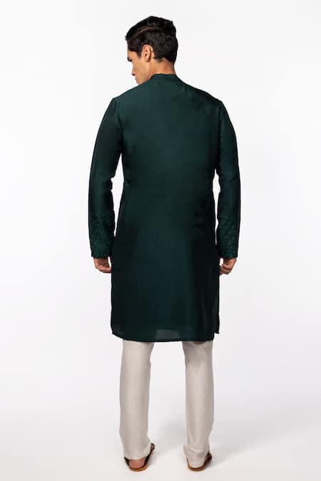Shop Kaka Calcutta Green Bamboo, Silk, Cotton Embroidery Sleeve Kurta Set at Aza Fashions Shop_Kaka Calcutta_Green Bamboo, Silk, Cotton Embroidery Sleeve Kurta Set _at_Aza_Fashions