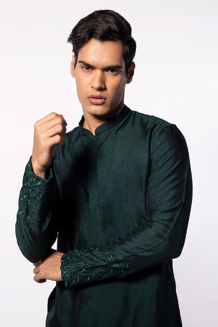 Buy Kaka Calcutta Green Bamboo, Silk, Cotton Embroidery Sleeve Kurta Set Online at Aza Fashions Buy_Kaka Calcutta_Green Bamboo, Silk, Cotton Embroidery Sleeve Kurta Set _Online_at_Aza_Fashions