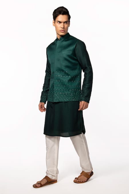 Kaka Calcutta Green Linen, Satin, Bamboo, Cotton, Silk Cut Work, Floral Bundi And Kurta Set Online at Aza Fashions Kaka Calcutta_Green Linen, Satin, Bamboo, Cotton, Silk Cut Work, Floral Bundi And Kurta Set _Online_at_Aza_Fashions