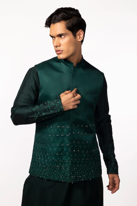 Buy Kaka Calcutta Green Linen, Satin, Bamboo, Cotton, Silk Cut Work, Floral Bundi And Kurta Set Online at Aza Fashions Buy_Kaka Calcutta_Green Linen, Satin, Bamboo, Cotton, Silk Cut Work, Floral Bundi And Kurta Set _Online_at_Aza_Fashions