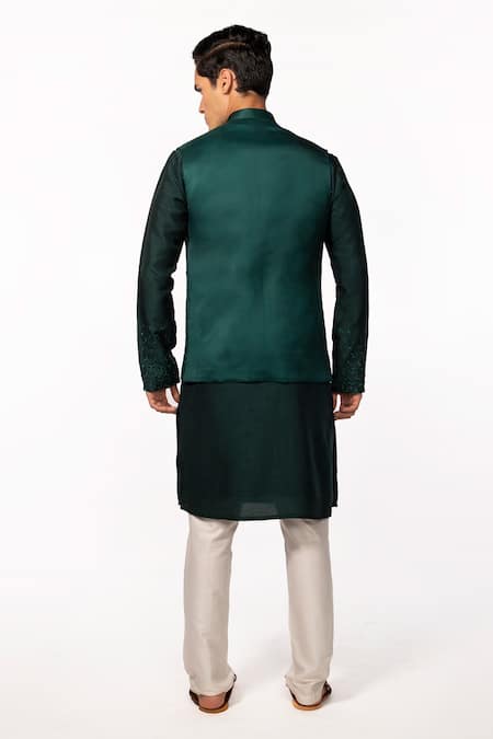 Shop Kaka Calcutta Green Linen, Satin Cut Work, Embroidery Floral Bundi at Aza Fashions Shop_Kaka Calcutta_Green Linen, Satin Cut Work, Embroidery Floral Bundi _at_Aza_Fashions