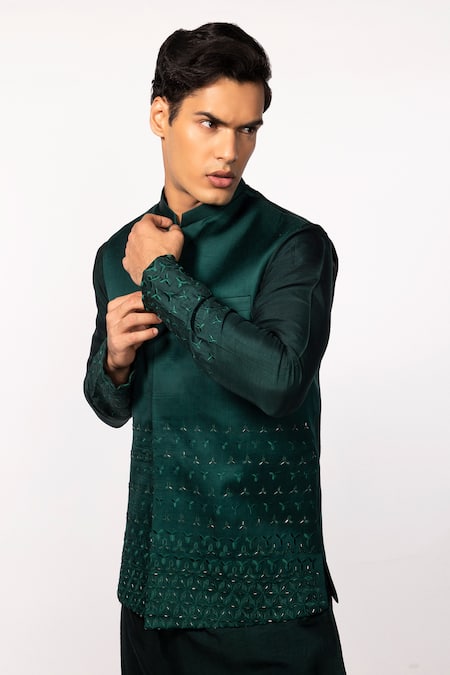 Buy Kaka Calcutta Green Linen, Satin Cut Work, Embroidery Floral Bundi Online at Aza Fashions Buy_Kaka Calcutta_Green Linen, Satin Cut Work, Embroidery Floral Bundi _Online_at_Aza_Fashions