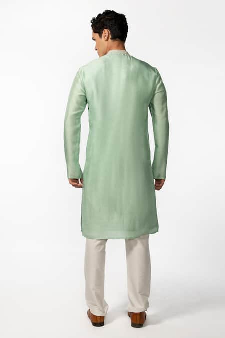 Shop Kaka Calcutta Green Bamboo, Cotton, Silk Embroidery Placket Kurta Set at Aza Fashions Shop_Kaka Calcutta_Green Bamboo, Cotton, Silk Embroidery Placket Kurta Set _at_Aza_Fashions