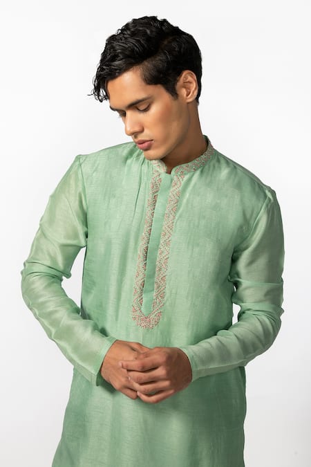 Buy Kaka Calcutta Green Bamboo, Cotton, Silk Embroidery Placket Kurta Set Online at Aza Fashions Buy_Kaka Calcutta_Green Bamboo, Cotton, Silk Embroidery Placket Kurta Set _Online_at_Aza_Fashions