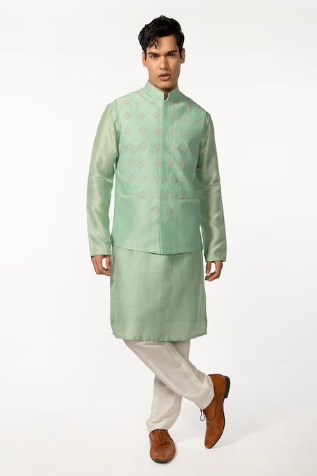Kaka Calcutta Green Bamboo, Silk, Cotton Cut Work, Embroidery Bundi And Kurta Set