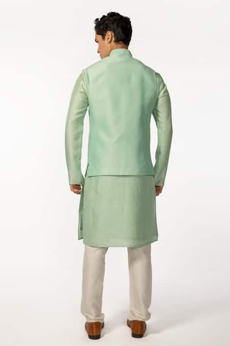 Shop Kaka Calcutta Green Bamboo, Silk, Cotton Cut Work, Embroidery Bundi And Kurta Set at Aza Fashions Shop_Kaka Calcutta_Green Bamboo, Silk, Cotton Cut Work, Embroidery Bundi And Kurta Set _at_Aza_Fashions