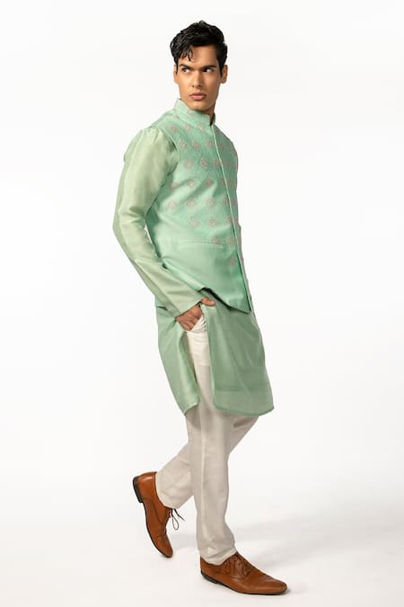Kaka Calcutta Green Bamboo, Silk, Cotton Cut Work, Embroidery Bundi And Kurta Set Online at Aza Fashions Kaka Calcutta_Green Bamboo, Silk, Cotton Cut Work, Embroidery Bundi And Kurta Set _Online_at_Aza_Fashions