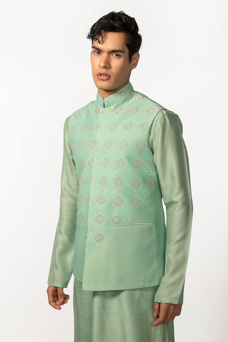 Buy Kaka Calcutta Green Bamboo, Silk, Cotton Cut Work, Embroidery Bundi And Kurta Set Online at Aza Fashions Buy_Kaka Calcutta_Green Bamboo, Silk, Cotton Cut Work, Embroidery Bundi And Kurta Set _Online_at_Aza_Fashions