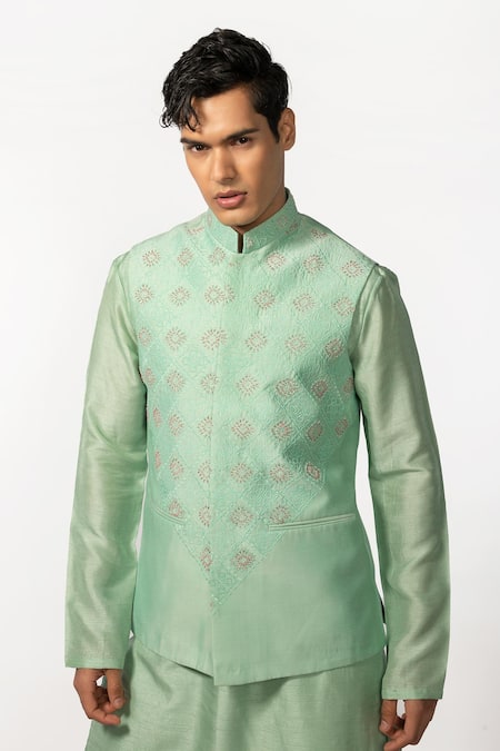 Kaka Calcutta_Green Bamboo Cut Work Geometric Cutdana Embroidered Bundi _Online_at_Aza_Fashions
