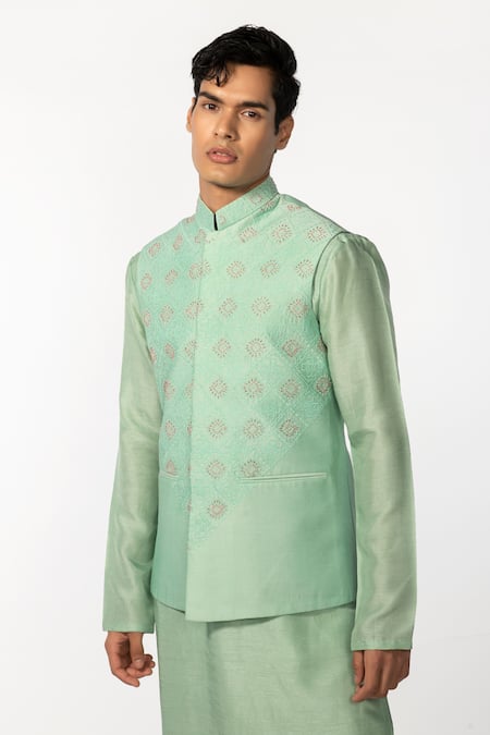 Shop_Kaka Calcutta_Green Bamboo Cut Work Geometric Cutdana Embroidered Bundi _Online_at_Aza_Fashions