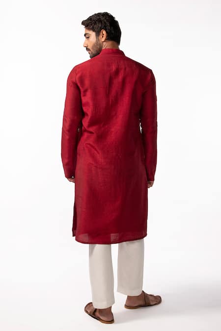 Shop Kaka Calcutta Red Bamboo, Cotton, Silk Embroidery French Knot Kurta And Pyjama Pant Set at Aza Fashions Shop_Kaka Calcutta_Red Bamboo, Cotton, Silk Embroidery French Knot Kurta And Pyjama Pant Set _at_Aza_Fashions