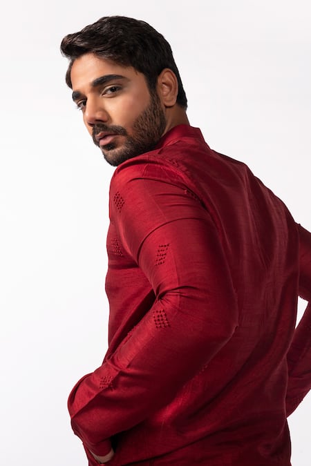 Buy Kaka Calcutta Red Bamboo, Cotton, Silk Embroidery French Knot Kurta And Pyjama Pant Set Online at Aza Fashions Buy_Kaka Calcutta_Red Bamboo, Cotton, Silk Embroidery French Knot Kurta And Pyjama Pant Set _Online_at_Aza_Fashions