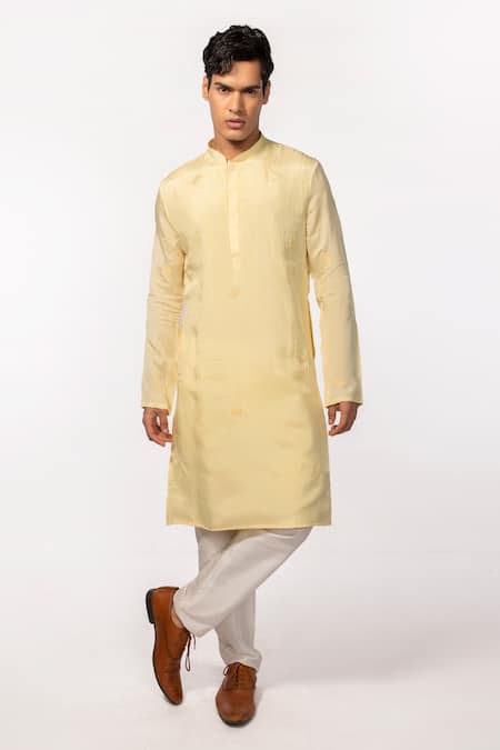 Kaka Calcutta Yellow Bamboo, Cotton, Silk Beads Embroidered Kurta And Pyjama Pant Set