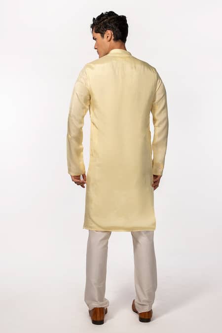 Shop Kaka Calcutta Yellow Bamboo, Cotton, Silk Beads Embroidered Kurta And Pyjama Pant Set at Aza Fashions Shop_Kaka Calcutta_Yellow Bamboo, Cotton, Silk Beads Embroidered Kurta And Pyjama Pant Set _at_Aza_Fashions