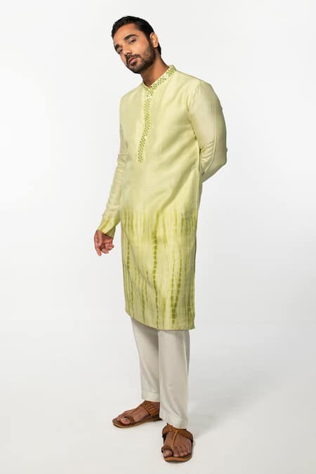 Kaka Calcutta Green Bamboo, Cotton, Silk Mirrors Placket Embroidered Kurta And Pyjama Pant Set Online at Aza Fashions Kaka Calcutta_Green Bamboo, Cotton, Silk Mirrors Placket Embroidered Kurta And Pyjama Pant Set _Online_at_Aza_Fashions