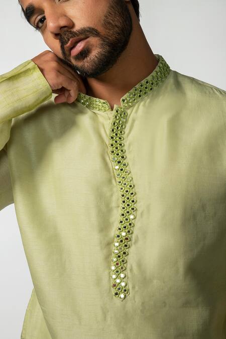 Buy Kaka Calcutta Green Bamboo, Cotton, Silk Mirrors Placket Embroidered Kurta And Pyjama Pant Set Online at Aza Fashions Buy_Kaka Calcutta_Green Bamboo, Cotton, Silk Mirrors Placket Embroidered Kurta And Pyjama Pant Set _Online_at_Aza_Fashions
