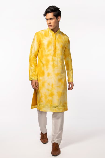 KAKA CALCUTTA Yellow Kurta  Bam Silk Embroidered Mirror Collar And Pyjama Pant Set 