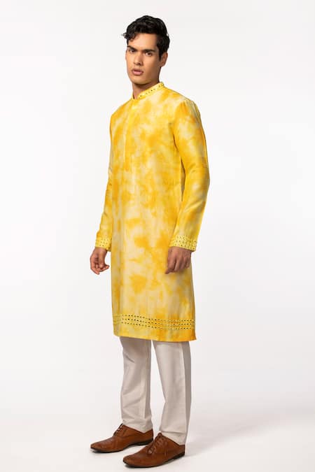 Kaka Calcutta Yellow Bamboo, Cotton, Silk Mirrors Collar Embroidered Kurta And Pyjama Pant Set Online at Aza Fashions Kaka Calcutta_Yellow Bamboo, Cotton, Silk Mirrors Collar Embroidered Kurta And Pyjama Pant Set _Online_at_Aza_Fashions