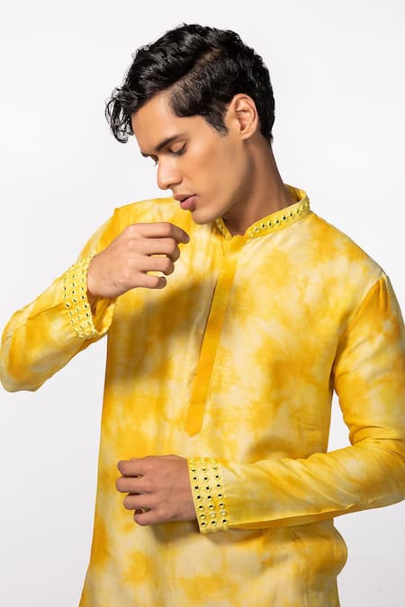 Buy Kaka Calcutta Yellow Bamboo, Cotton, Silk Mirrors Collar Embroidered Kurta And Pyjama Pant Set Online at Aza Fashions Buy_Kaka Calcutta_Yellow Bamboo, Cotton, Silk Mirrors Collar Embroidered Kurta And Pyjama Pant Set _Online_at_Aza_Fashions