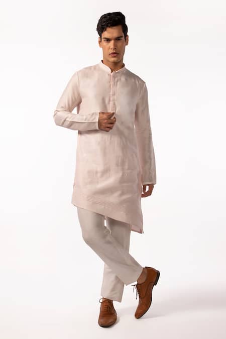 Kaka Calcutta Pink Bamboo, Cotton, Silk Solid Asymmetric Kurta And Pyjama Pant Set