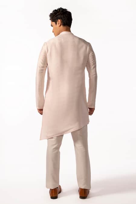 Shop Kaka Calcutta Pink Bamboo, Cotton, Silk Solid Asymmetric Kurta And Pyjama Pant Set at Aza Fashions Shop_Kaka Calcutta_Pink Bamboo, Cotton, Silk Solid Asymmetric Kurta And Pyjama Pant Set _at_Aza_Fashions