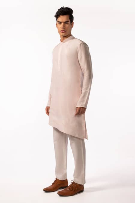 Kaka Calcutta Pink Bamboo, Cotton, Silk Solid Asymmetric Kurta And Pyjama Pant Set Online at Aza Fashions Kaka Calcutta_Pink Bamboo, Cotton, Silk Solid Asymmetric Kurta And Pyjama Pant Set _Online_at_Aza_Fashions