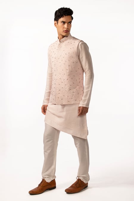 Kaka Calcutta Pink Bamboo, Cotton, Silk Beads, Embroidery Hand Bundi And Kurta Set