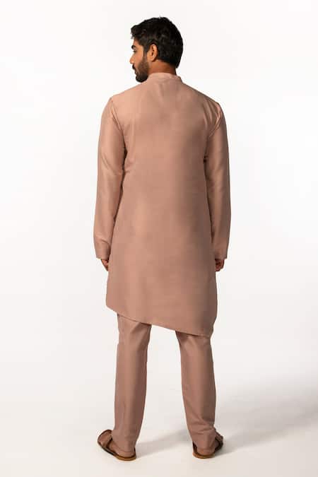 Shop Kaka Calcutta Pink Bamboo, Cotton, Silk Embroidery Asymmetric Kurta And Pyjama Pant Set at Aza Fashions Shop_Kaka Calcutta_Pink Bamboo, Cotton, Silk Embroidery Asymmetric Kurta And Pyjama Pant Set _at_Aza_Fashions