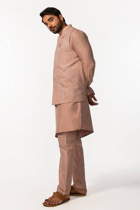 Kaka Calcutta_Pink Bamboo, Cotton, Silk Beads, Embroidery Asymmetric Hand Kurta Set _Online_at_Aza_Fashions