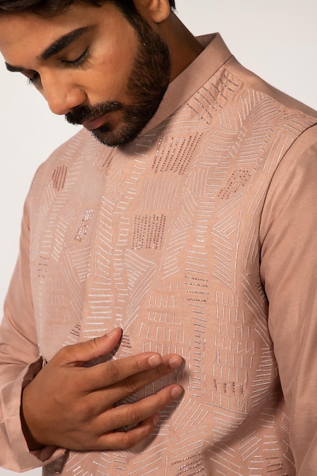 Buy_Kaka Calcutta_Pink Bamboo, Cotton, Silk Beads, Embroidery Asymmetric Hand Kurta Set _Online_at_Aza_Fashions