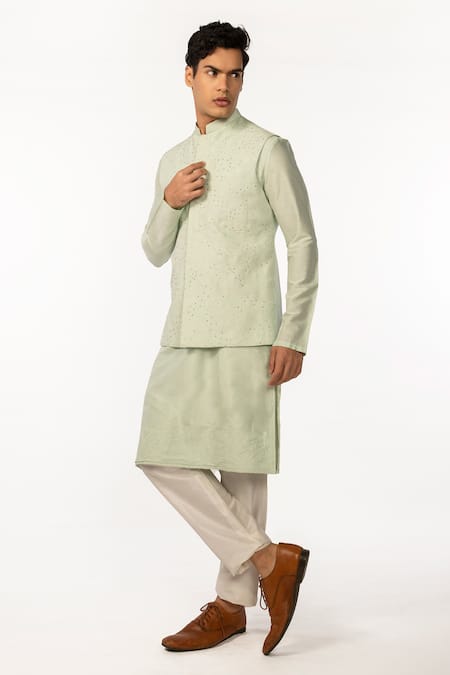 Shop Kaka Calcutta Green Bamboo, Cotton, Silk Embroidery, Beads Kurta Set With Bundi at Aza Fashions Shop_Kaka Calcutta_Green Bamboo, Cotton, Silk Embroidery, Beads Kurta Set With Bundi _at_Aza_Fashions