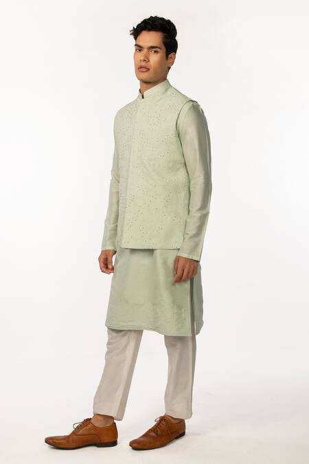 Kaka Calcutta Green Bamboo, Cotton, Silk Embroidery, Beads Kurta Set With Bundi Online at Aza Fashions Kaka Calcutta_Green Bamboo, Cotton, Silk Embroidery, Beads Kurta Set With Bundi _Online_at_Aza_Fashions