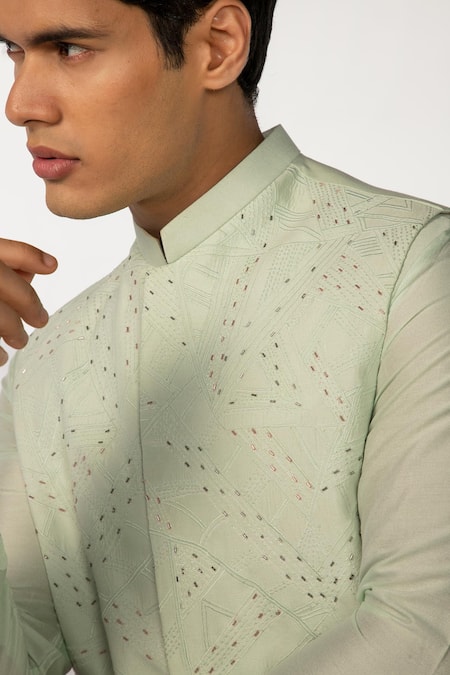 Buy Kaka Calcutta Green Bamboo, Cotton, Silk Embroidery, Beads Kurta Set With Bundi Online at Aza Fashions Buy_Kaka Calcutta_Green Bamboo, Cotton, Silk Embroidery, Beads Kurta Set With Bundi _Online_at_Aza_Fashions