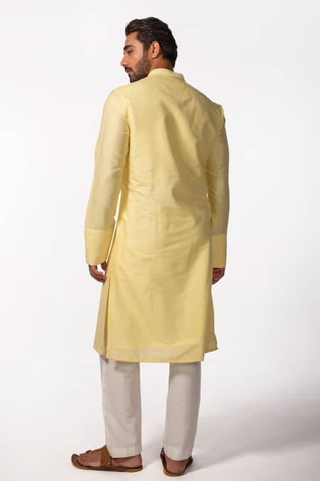 Shop Kaka Calcutta Yellow Bamboo, Cotton, Silk Embroidery Kurta And Pant Set at Aza Fashions Shop_Kaka Calcutta_Yellow Bamboo, Cotton, Silk Embroidery Kurta And Pant Set _at_Aza_Fashions