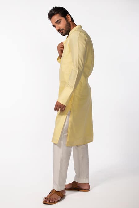 Kaka Calcutta Yellow Bamboo, Cotton, Silk Embroidery Kurta And Pant Set Online at Aza Fashions Kaka Calcutta_Yellow Bamboo, Cotton, Silk Embroidery Kurta And Pant Set _Online_at_Aza_Fashions