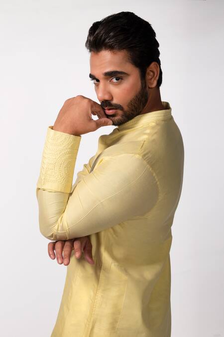 Buy Kaka Calcutta Yellow Bamboo, Cotton, Silk Embroidery Kurta And Pant Set Online at Aza Fashions Buy_Kaka Calcutta_Yellow Bamboo, Cotton, Silk Embroidery Kurta And Pant Set _Online_at_Aza_Fashions