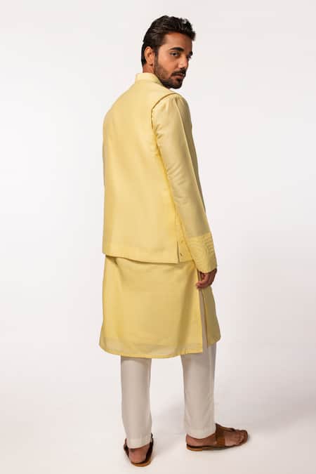 Shop Kaka Calcutta Yellow Bamboo Embroidery Hand Bundi at Aza Fashions Shop_Kaka Calcutta_Yellow Bamboo Embroidery Hand Bundi _at_Aza_Fashions