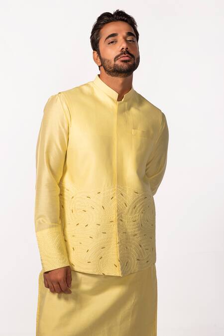 Kaka Calcutta Yellow Bamboo Embroidery Hand Bundi Online at Aza Fashions Kaka Calcutta_Yellow Bamboo Embroidery Hand Bundi _Online_at_Aza_Fashions