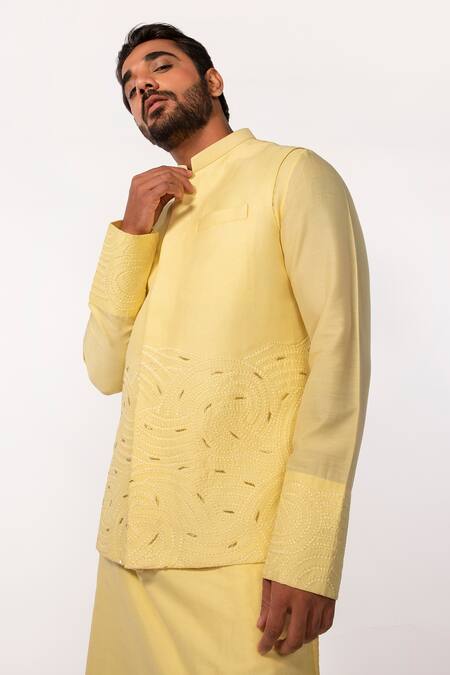 Shop Kaka Calcutta Yellow Bamboo Embroidery Hand Bundi Online at Aza Fashions Shop_Kaka Calcutta_Yellow Bamboo Embroidery Hand Bundi _Online_at_Aza_Fashions