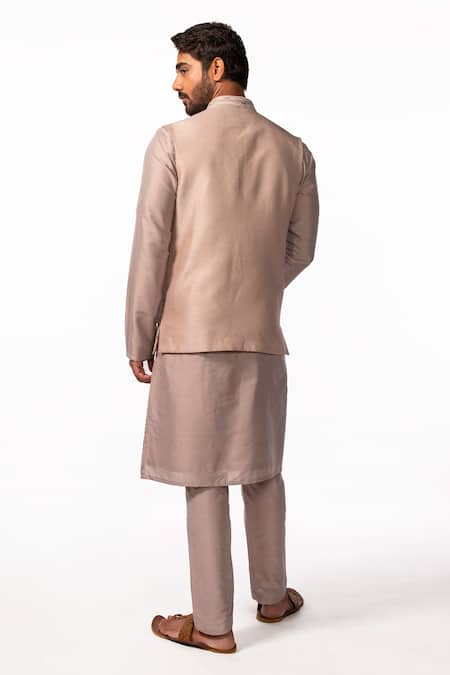 Shop Kaka Calcutta Purple Bamboo, Cotton, Silk Beads, Embroidery Hand Kurta Set With Bundi at Aza Fashions Shop_Kaka Calcutta_Purple Bamboo, Cotton, Silk Beads, Embroidery Hand Kurta Set With Bundi _at_Aza_Fashions