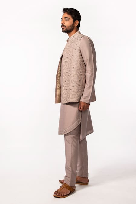 Kaka Calcutta Purple Bamboo, Cotton, Silk Beads, Embroidery Hand Kurta Set With Bundi Online at Aza Fashions Kaka Calcutta_Purple Bamboo, Cotton, Silk Beads, Embroidery Hand Kurta Set With Bundi _Online_at_Aza_Fashions