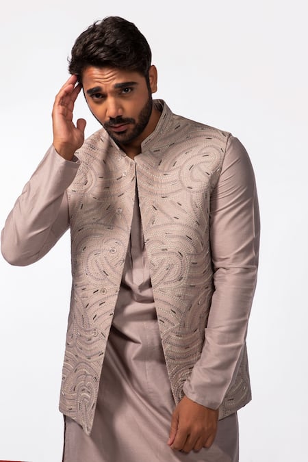 Buy Kaka Calcutta Purple Bamboo, Cotton, Silk Beads, Embroidery Hand Kurta Set With Bundi Online at Aza Fashions Buy_Kaka Calcutta_Purple Bamboo, Cotton, Silk Beads, Embroidery Hand Kurta Set With Bundi _Online_at_Aza_Fashions