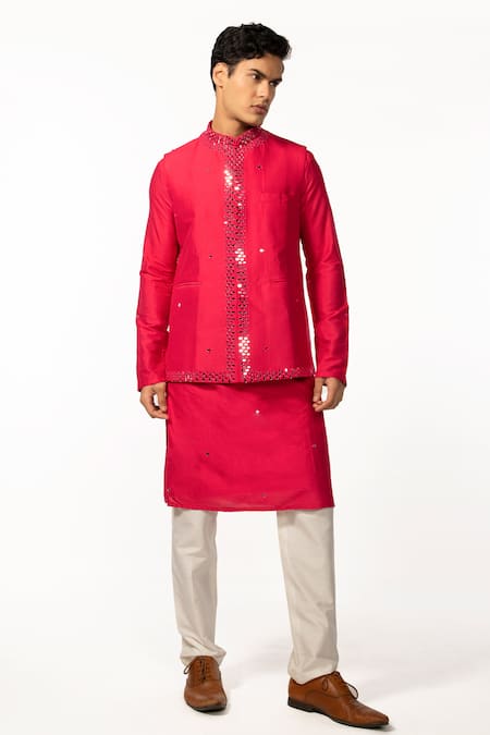 Kaka Calcutta Pink Bamboo, Cotton, Silk Mirrors Hand Embroidered Bundi Kurta Set