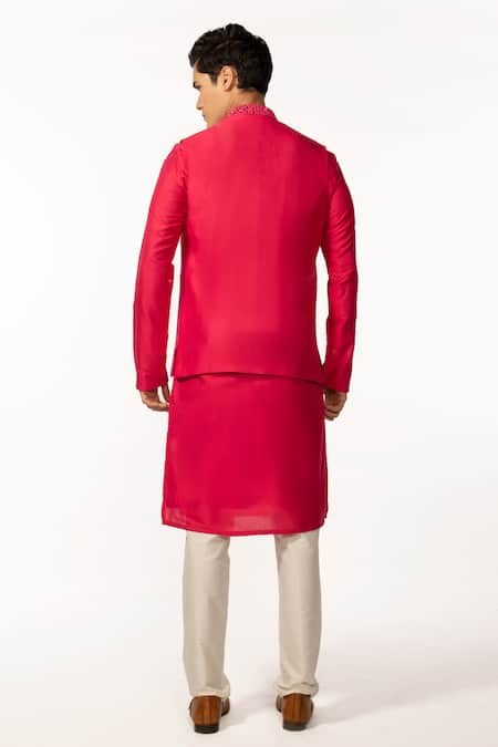 Shop Kaka Calcutta Pink Bamboo, Cotton, Silk Mirrors Hand Embroidered Bundi Kurta Set at Aza Fashions Shop_Kaka Calcutta_Pink Bamboo, Cotton, Silk Mirrors Hand Embroidered Bundi Kurta Set _at_Aza_Fashions