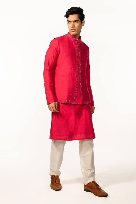 Kaka Calcutta Pink Bamboo, Cotton, Silk Mirrors Hand Embroidered Bundi Kurta Set Online at Aza Fashions Kaka Calcutta_Pink Bamboo, Cotton, Silk Mirrors Hand Embroidered Bundi Kurta Set _Online_at_Aza_Fashions