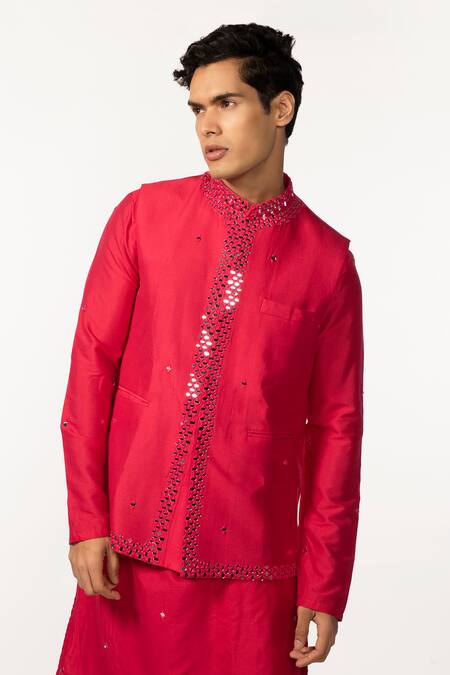 Buy_Kaka Calcutta_Pink Bamboo Mirrors Hand Embroidered Work Bundi _Online_at_Aza_Fashions