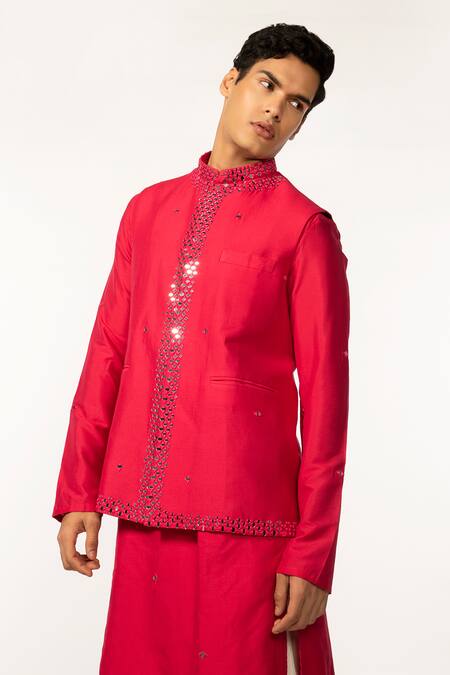 Shop_Kaka Calcutta_Pink Bamboo Mirrors Hand Embroidered Work Bundi _Online_at_Aza_Fashions