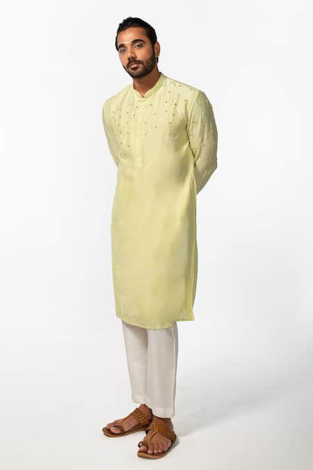 Kaka Calcutta_Green Bamboo, Cotton, Silk Mirrors Mandarin Collar Kurta And Pyjama Pant Set _Online_at_Aza_Fashions
